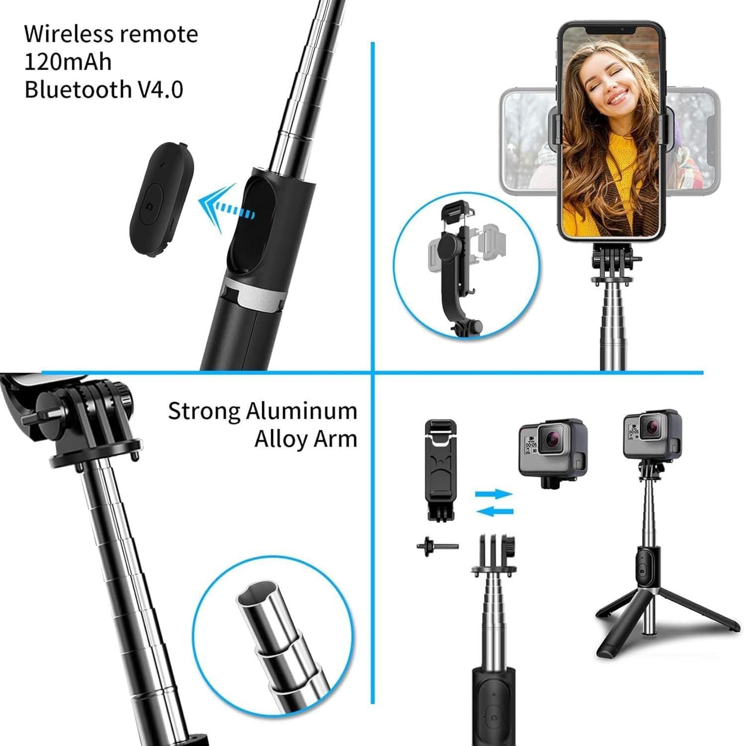 Extendable Flash 3-in-1 Selfie Stick Tripod with Bluetooth Remote - Portable Phone Stand