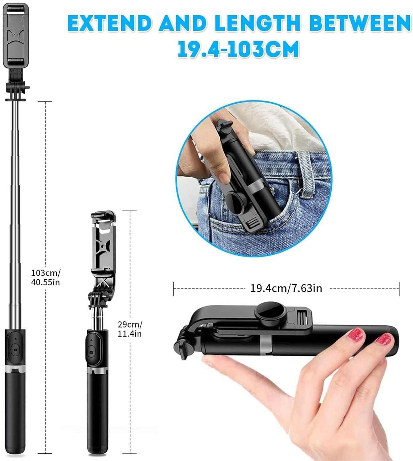 Extendable Flash 3-in-1 Selfie Stick Tripod with Bluetooth Remote - Portable Phone Stand